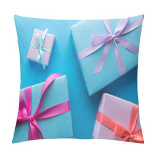 Personality  Top View Of Colorful Gift Boxes With Ribbons On Blue Background Pillow Covers