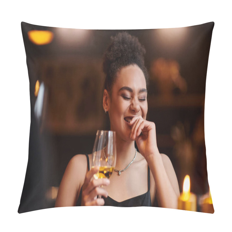 Personality  Curly African American Woman Laughing And Holding Glass Of Wine During Date On Valentines Day Pillow Covers