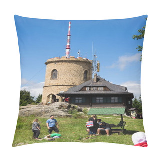 Personality  KAJOV, CZECH REPUBLIC - AUGUST 12: People On The Oldest Czech Stone Lookout Tower - Josefs Lookout Tower At Mount Klet In Blansky Forest On August 12, 2017 In Kajov, Czech Republic. Pillow Covers