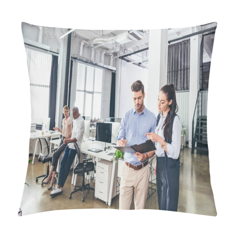 Personality  business people discussing papers pillow covers