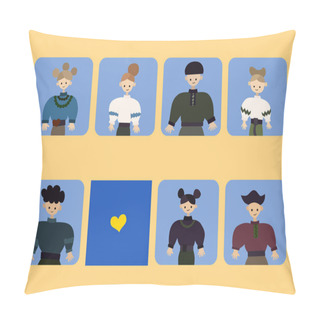 Personality  Illustration Of People In Windows Near Yellow Heart Sign On Blue, Support Ukraine Concept Pillow Covers