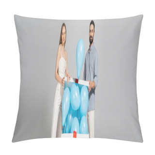 Personality  Smiling And Trendy Expecting Parents Looking At Camera While Opening Bog Gift Box With Festive Blue Balloons During Gender Reveal Surprise Party Isolated On Grey, It`s A Boy, Banner Pillow Covers