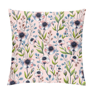 Personality  Watercolor Herbs And Flowers Meadow. Seamless Pattern With Pink Background Pillow Covers
