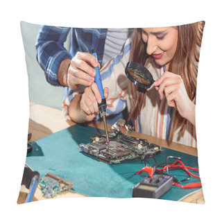 Personality  Man Helping Woman Soldering Elements Of Circuit Board Pillow Covers