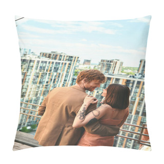 Personality  A Man And A Woman Stand Together On A Balcony, Gazing Out At The View In Contemplation And Enjoying Each Others Company Pillow Covers