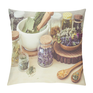 Personality  Lot Of Different Dry Herbal Remedy Plants( Chamaenerion Angustifolium, Achillea Millefolium, Tilia Platyphyllos, Prunella Vulgaris, Equisetum Arvense In Containers Vintage Style Filter. Pillow Covers
