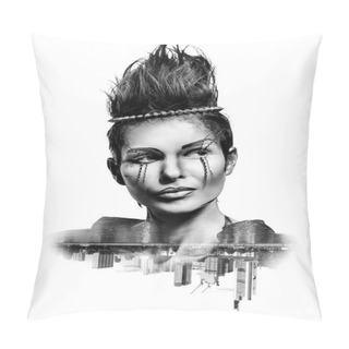 Personality  Double Exposure Of A Woman With Creative Make-up Pillow Covers