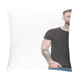 Personality  Half View Of Handsome Tattooed Man In Casual Clothes, Isolated On White Pillow Covers