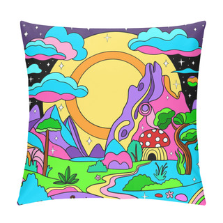 Personality  Retro Psychedelic Groovy Landscape. Vintage Hippie Vector Background Pillow Covers