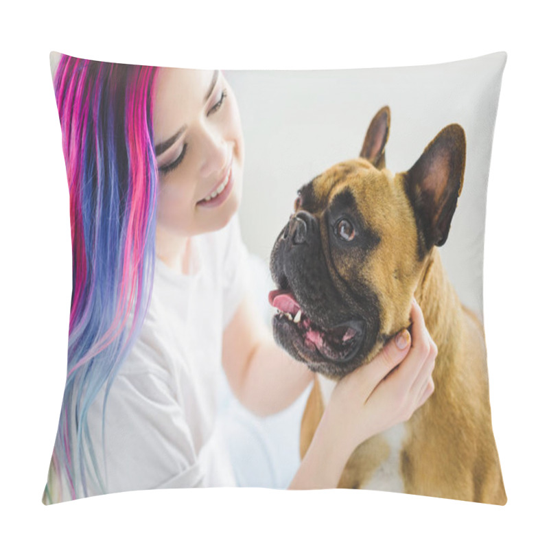 Personality  attractive girl with colorful hair petting and looking at cute french bulldog  pillow covers