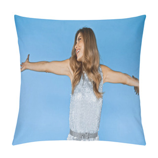 Personality  Cheerful Woman With Outstretched Hands Looking Away Isolated On Blue Pillow Covers