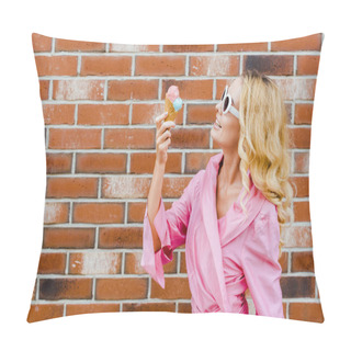 Personality  Fashionable Smiling Woman In Pink Eating Ice Cream In Front Of Brick Wall Pillow Covers