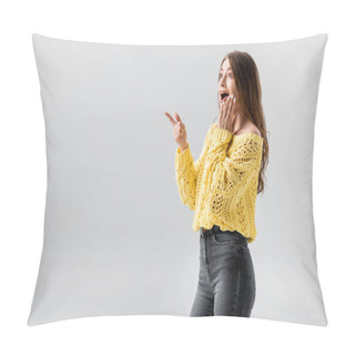 Personality  Shocked Girl Looking Away, Pointing With Finger And Touching Face Isolated On Grey Pillow Covers