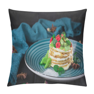 Personality  Delicious Cake With Fruit And Mint Decoration On Black Background Pillow Covers