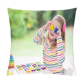 Personality  Child Doing Homework For School At White Desk. Wooden Educational Abc Toy Puzzle For Kids. Happy Back To School Student. Kid Learning Alphabet Letters. Little Girl With School Supplies And Books. Pillow Covers