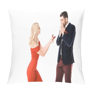 Personality  Attractive Woman Proposing Surprised Boyfriend With Ring Isolated On White Pillow Covers