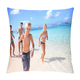 Personality  Family Running On A Paradisaical Beach Pillow Covers