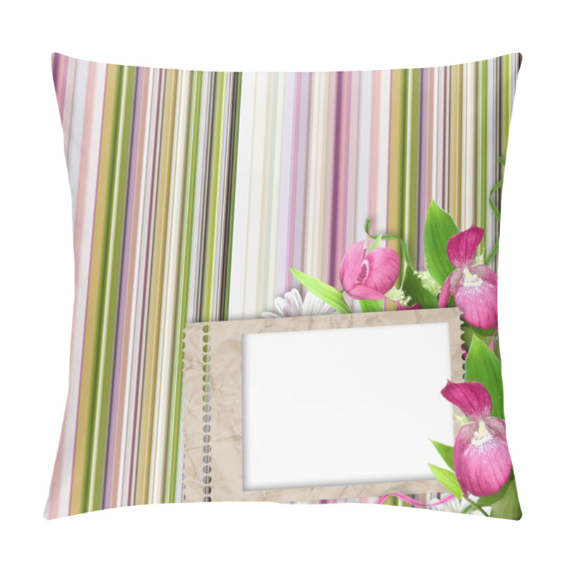 Personality  Paper frame on striped background in pink, green and white pillow covers