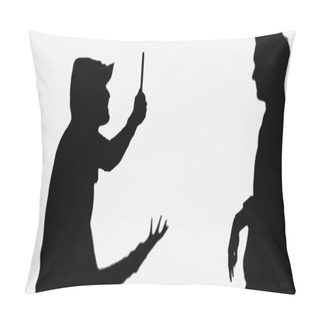 Personality  Black Shadow Of Criminal Man In Cap And Hood Holding Knife And Threatening Stranger Isolated On White Pillow Covers
