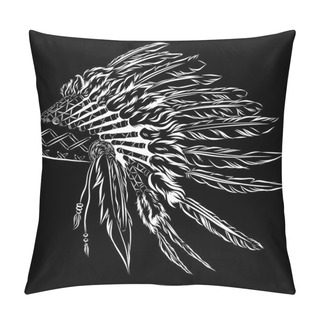 Personality  Native American Indian Headdress With Feathers In A Sketch Style. For Thanksgiving Day. Vector Illustration. Pillow Covers