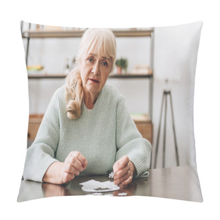 Personality  Senior Woman Holding Jigsaw Piece While Playing With Puzzles  Pillow Covers