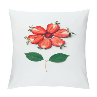 Personality  Top View Of Flower Made Of Sliced Strawberries And Green Leaves On White Pillow Covers