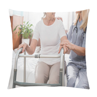 Personality  Nurse And Senior Patient With Walker Pillow Covers