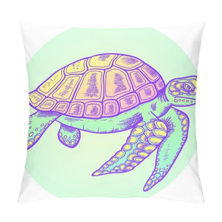 Personality  Vector Hand Drawn Sea Turtle On A Round Green Background. Pillow Covers