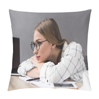 Personality  Bored Young Student Girl Sitting At Workplace And Looking Away Pillow Covers