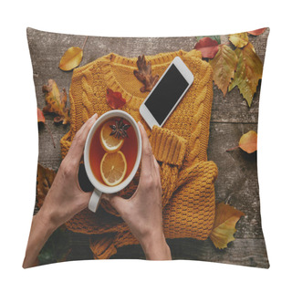 Personality  Partial View Of Woman Holding Cup Of Tea On Wooden Tabletop With Knitted Sweater, Smartphone And Fallen Leaves Pillow Covers