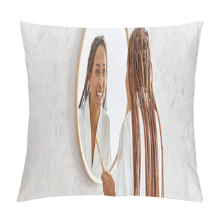 Personality  A Woman With Afro Braids Gazes At Her Reflection In A Bathroom Mirror, Focusing On Self-image And Beauty. Pillow Covers