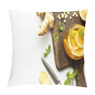 Personality  Top View Of Hot Tea Near Ginger Root, Lemon And Mint On Wooden Cutting Board With Knife On White Background Pillow Covers