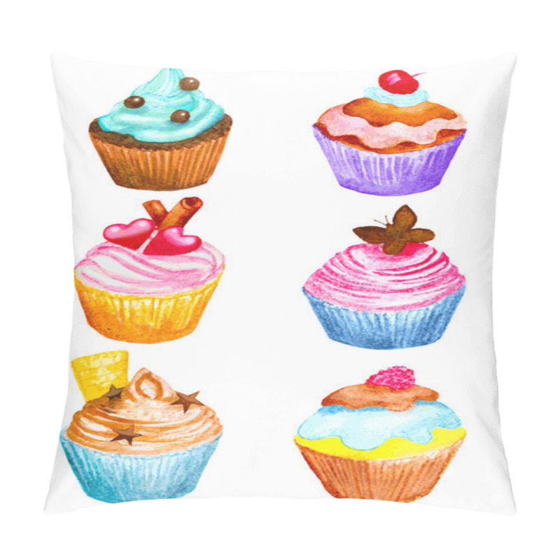 Personality  Set Of Cupcakes Made In Watercolor. Vector Illustration. Cream W Pillow Covers