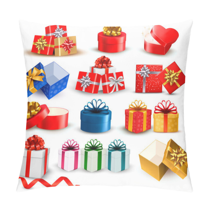 Personality  Set of colorful gift boxes with bows and ribbons. Vector illustr pillow covers