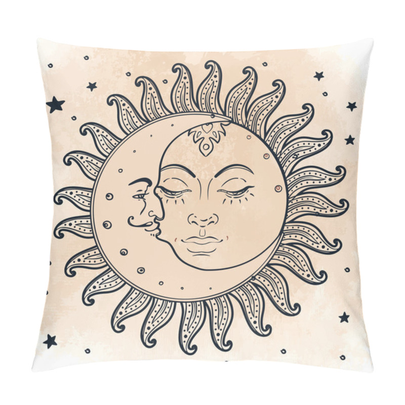 Personality  Sun And Moon. Illustration In Vintage Style. Pillow Covers