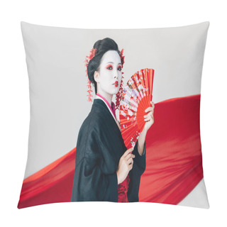 Personality  Beautiful Geisha In Black Kimono With Hand Fan And Red Cloth On Background Isolated On White Pillow Covers