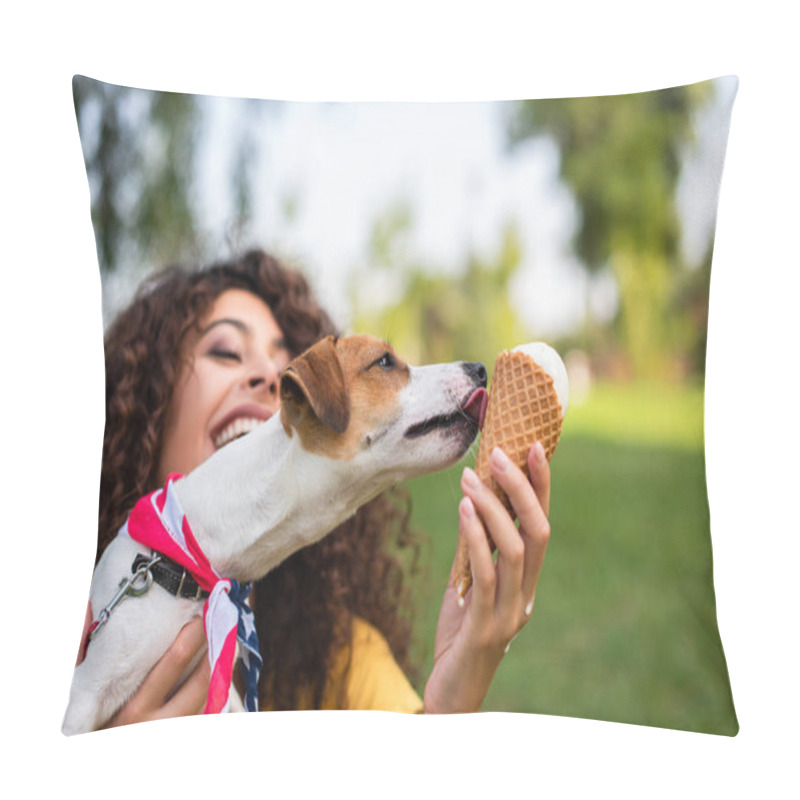 Personality  Selective focus of jack russell terrier dog licking ice cream pillow covers