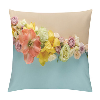 Personality  Top View Of Spring Flowers On Beige And Blue Background Pillow Covers