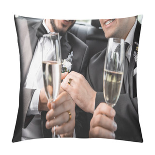 Personality  Cropped View Of Positive Same Sex Newlyweds In Classic Suits With Boutonnieres Holding Hands And Blurred Glasses Of Champagne During Road Trip In Car  Pillow Covers