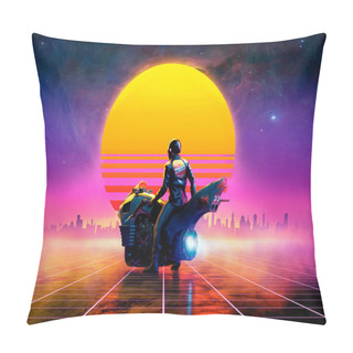 Personality  Retrowave Biker On A Futuristic Motorbike On A Virtual Landscape In The Sunset - Concept Art - 3D Rendering Pillow Covers