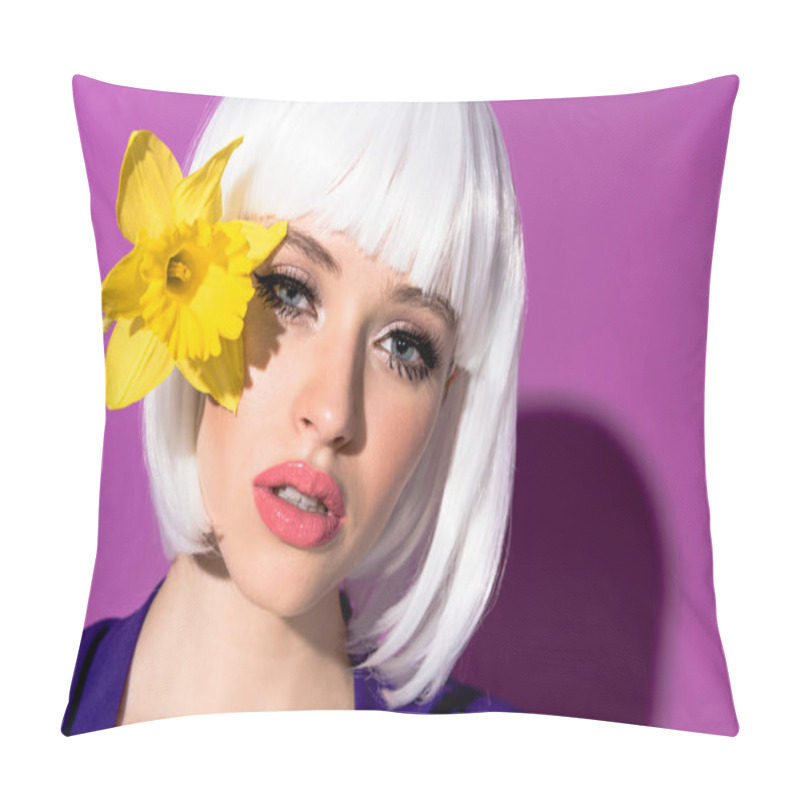 Personality  Sensual Young Woman In White Wig With Flower On Purple Background Pillow Covers