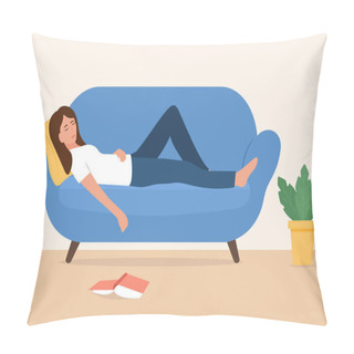 Personality  Young Woman Sleeping On Sofa With Fallen Book.Weekend Recreation Concept.Vector Illustration Pillow Covers