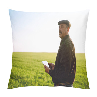 Personality  Farmer On A Green Wheat Field With A Tablet In His Hands. Smart Farm. Farmer Checking His Crops On An Agriculture Field. Ripening Ears Of Wheat Field. The Concept Of The Agricultural Business. Pillow Covers