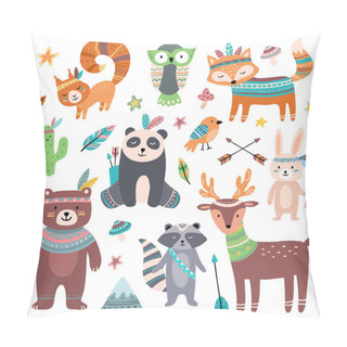 Personality  Cute Tribal Animal. Forest Wild Animals Zoo, Tribals Bird Feather Arrows And Wilds Beast Isolated Cartoon Set Pillow Covers