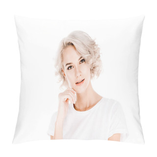 Personality  Attractive Blonde Young Adult Woman Isolated On White Pillow Covers