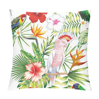 Personality  Parrot Tropical Flowers And Leaves Seamless Pattern White Backgr Pillow Covers