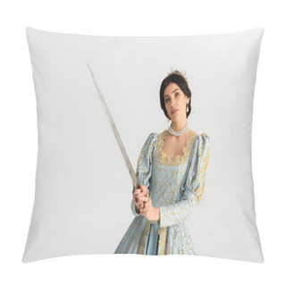 Personality  Attractive Queen With Crown Holding Sword Isolated On Grey Pillow Covers
