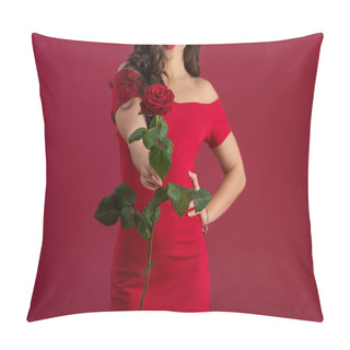 Personality  Cropped View Of Sensual, Elegant Girl Showing Red Rose While Standing With Hand On Hip Isolated On Red Pillow Covers