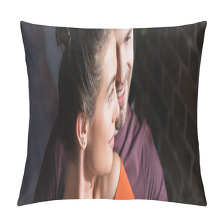 Personality  Smiling Young Couple Looking Away While Standing Close To Each Other At Home, Banner Pillow Covers
