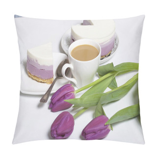 Personality  Blueberry Cheesecake. A Piece Of Ready-made Dessert On A Saucer. Jelly Layers Of Different Colors Are Visible. Near A Cup Of Coffee And A Bouquet Of Tulips. Pillow Covers